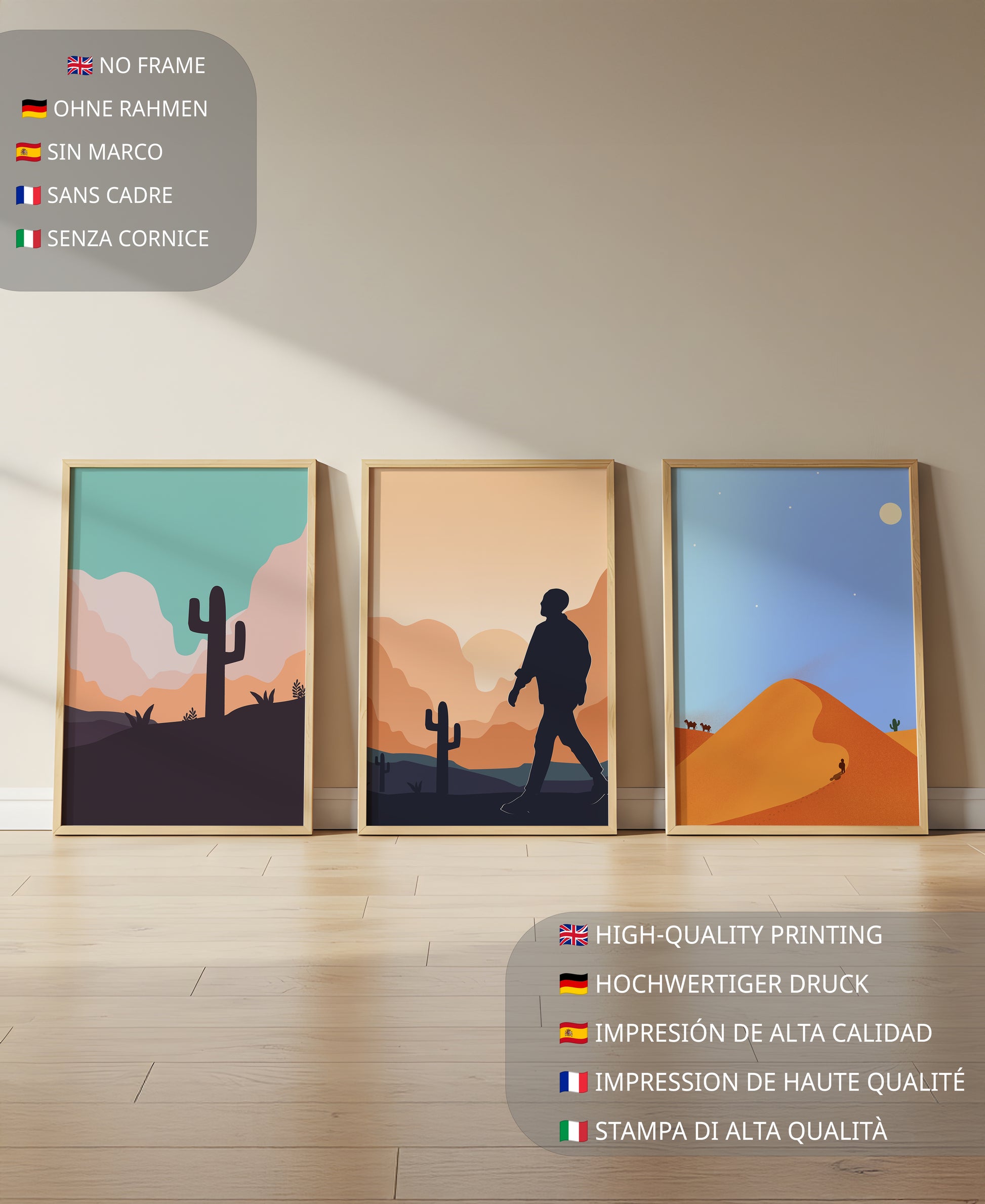 Ensemble d'impressions artistiques de paysages désertiques avec des silhouettes et des cactus