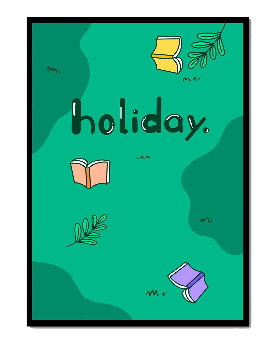 Colorful holiday-themed design with books and leaves