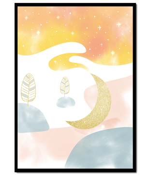 Paisaje onírico con luna creciente dorada y escenario abstracto