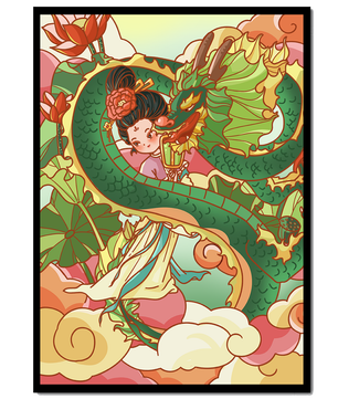 Heitere künstlerische Darstellung eines Mädchens mit einem majestätischen Drachen inmitten von Wolken und Lotusblumen