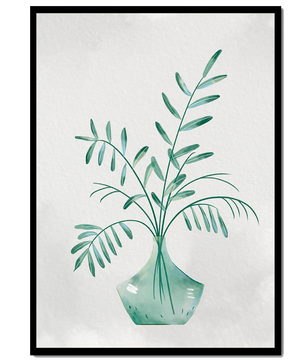 Illustration minimaliste à l’aquarelle de feuilles vertes dans un vase en verre