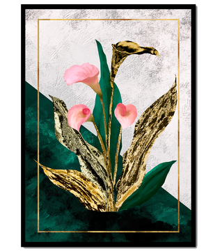 Abstrakte botanische Kunst mit rosa Calla-Lilien und goldenen Blättern