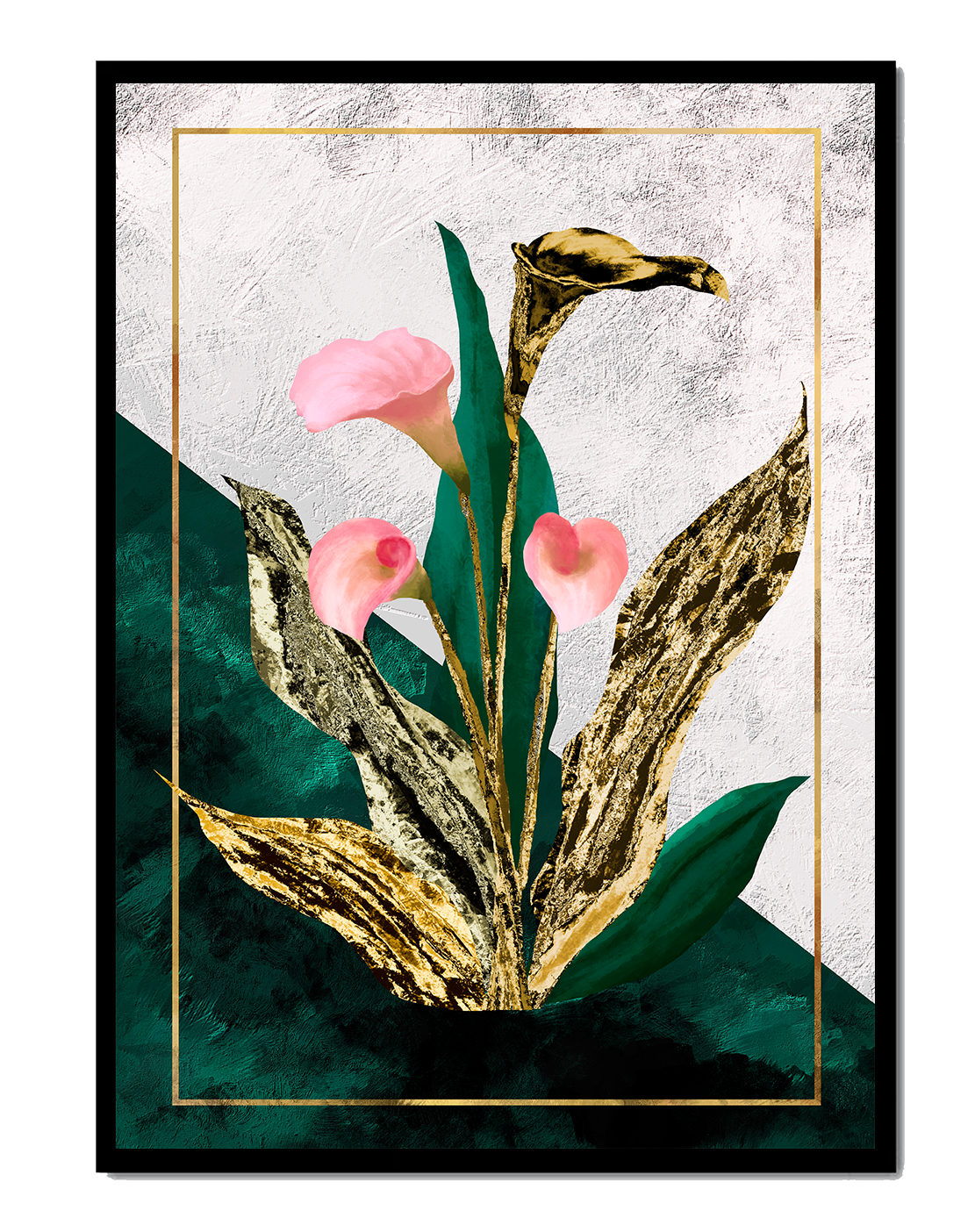 Abstrakte botanische Kunst mit rosa Calla-Lilien und goldenen Blättern