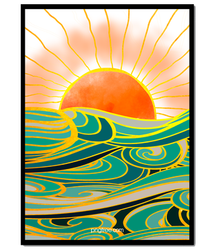 Sunrise over stylized ocean waves with gold accents