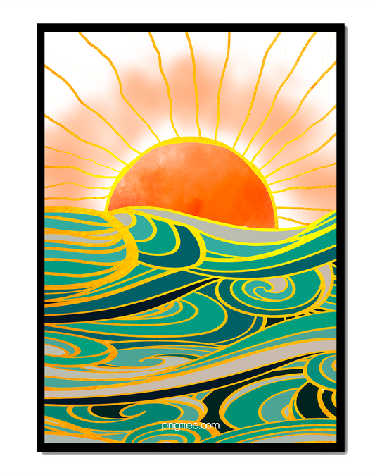 Sunrise over stylized ocean waves with gold accents