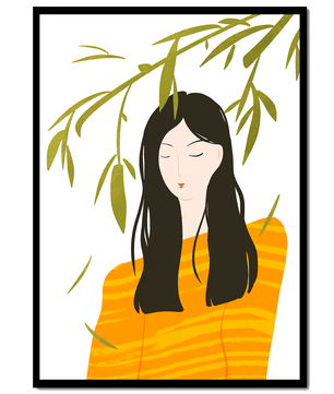 Illustration d'une femme en pull orange avec un fond de feuillage