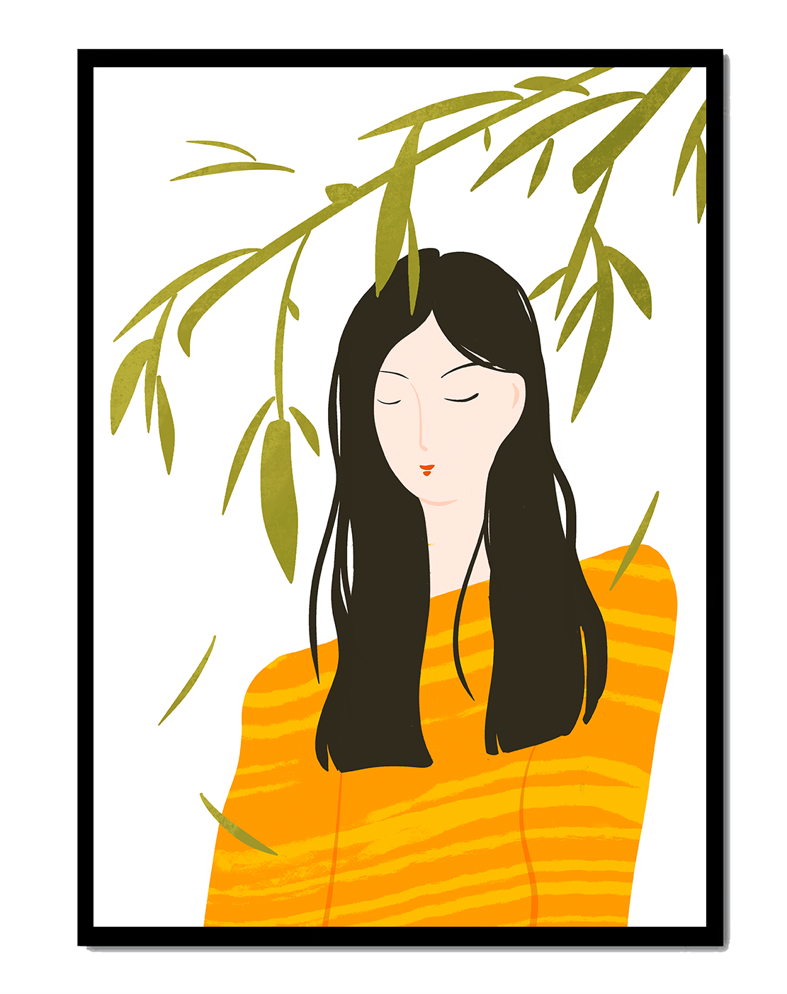 Woman in orange sweater with foliage backdrop illustration