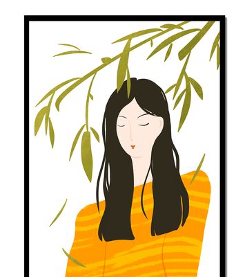 Woman in orange sweater with foliage backdrop illustration