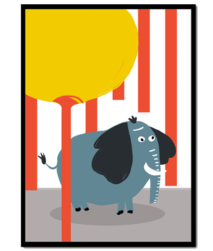 Illustration eines verspielten Elefanten mit einem gelben Ballon in abstrakter Umgebung