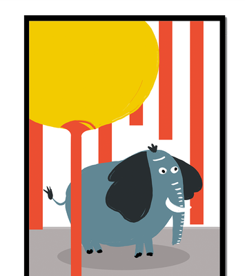 Illustration of a playful elephant with a yellow balloon in abstract setting