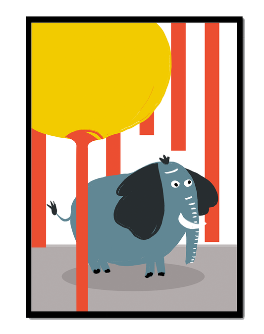 Illustration of a playful elephant with a yellow balloon in abstract setting