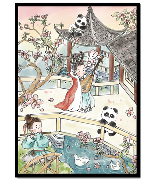 Tranquil Asian Garden Scene with Pandas and Blossoms