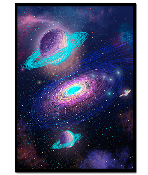Colorful space illustration with planets and galaxy