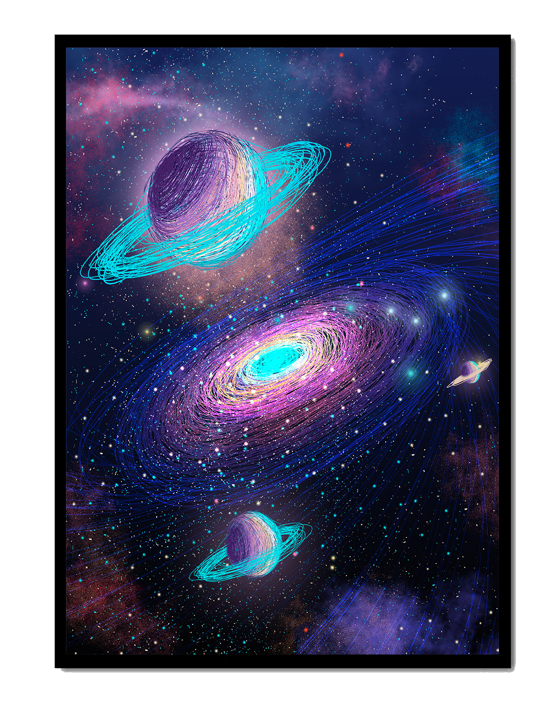 Colorful space illustration with planets and galaxy