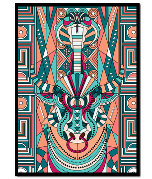 Patrón geométrico de animales con toro y cobra en colores vibrantes