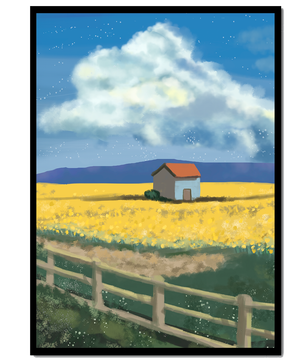 Idyllic rural scene with house and yellow field under blue sky