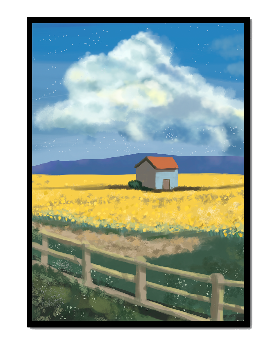 Idyllic rural scene with house and yellow field under blue sky