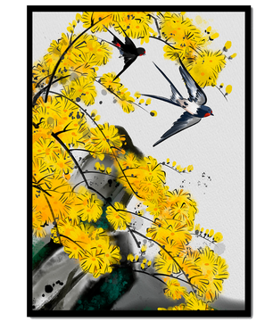 Representación artística de golondrinas entre flores amarillas vibrantes