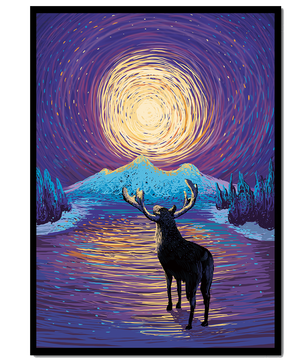 Moose Under Starry Night Sky with Radiant Moon