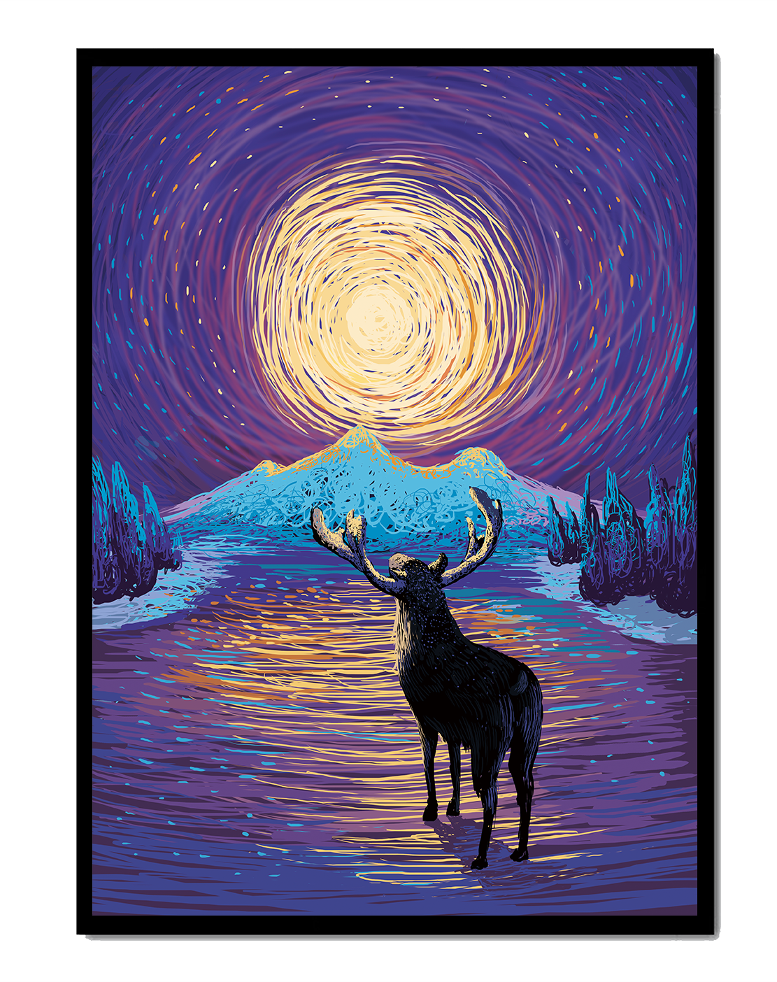 Moose Under Starry Night Sky with Radiant Moon