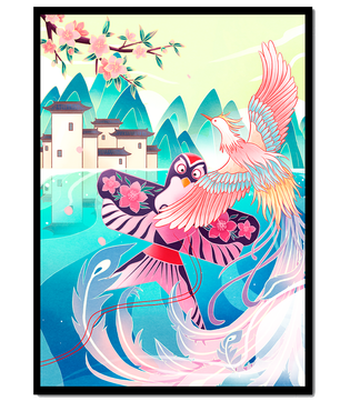 Illustration colorée d’oiseaux et de fleurs avec une architecture orientale