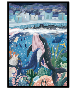 Ville sous-marine fantaisiste avec vie marine et pollution