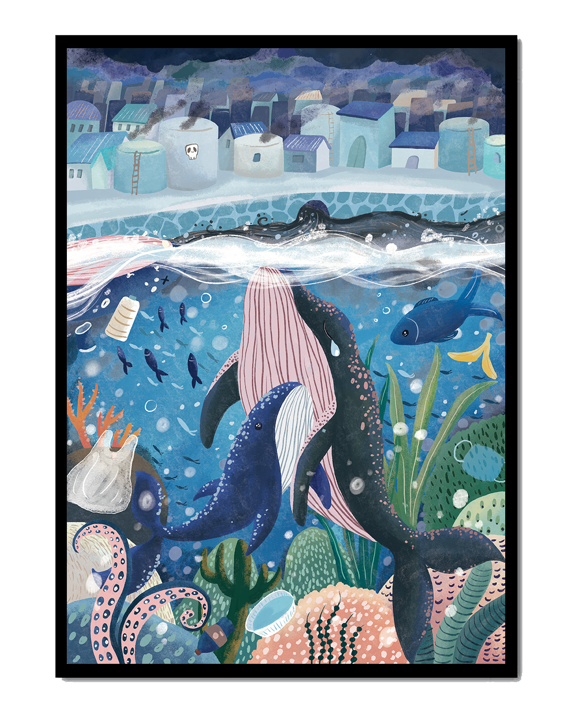 Whimsical Underwater City with Marine Life and Pollution