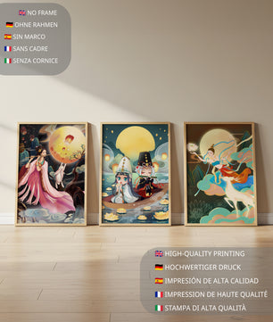 Peintures fantastiques avec lune pleine et personnages mythologiques