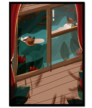 Bird Sitting by an Open Window Overlooking a Lush Garden