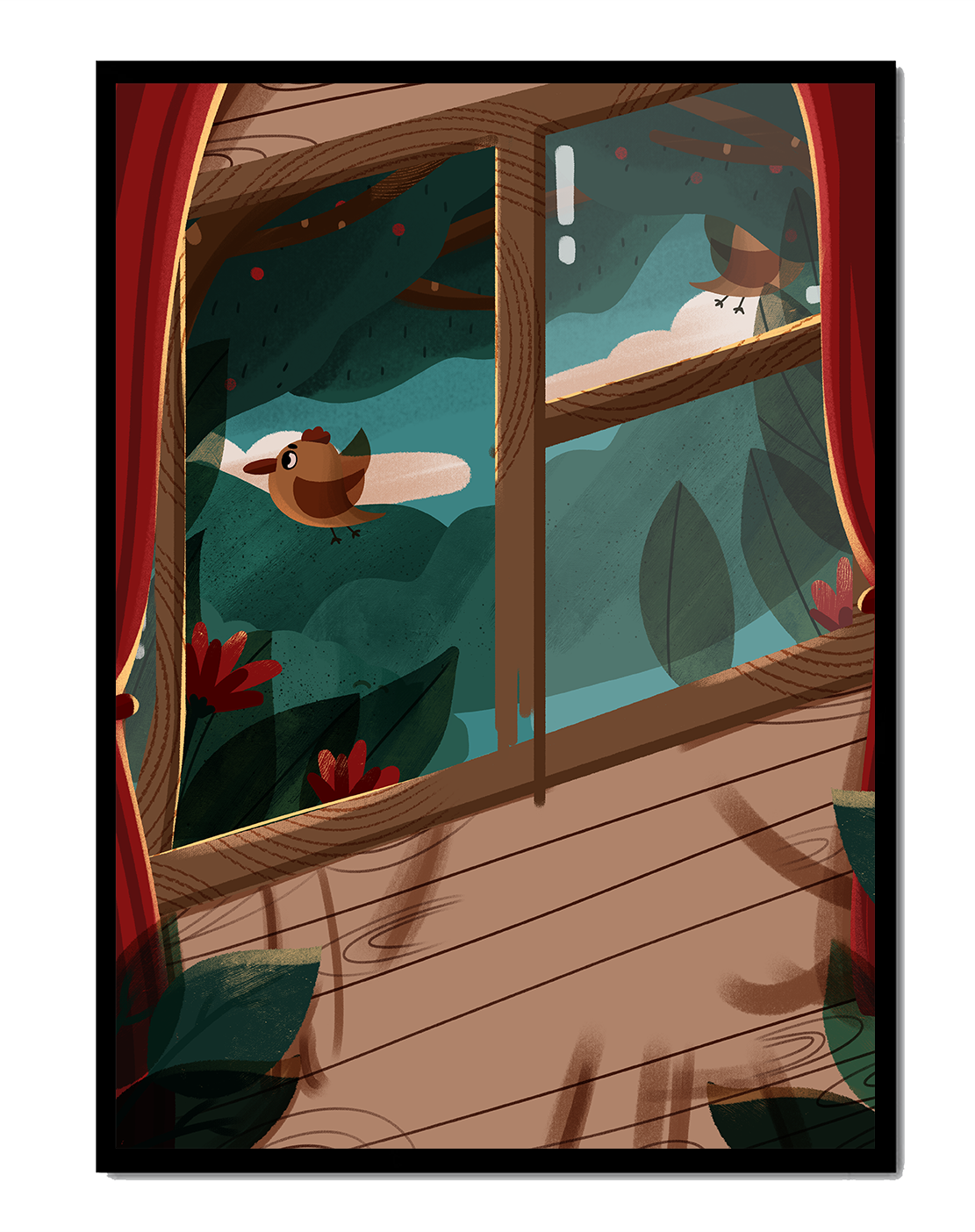 Bird Sitting by an Open Window Overlooking a Lush Garden