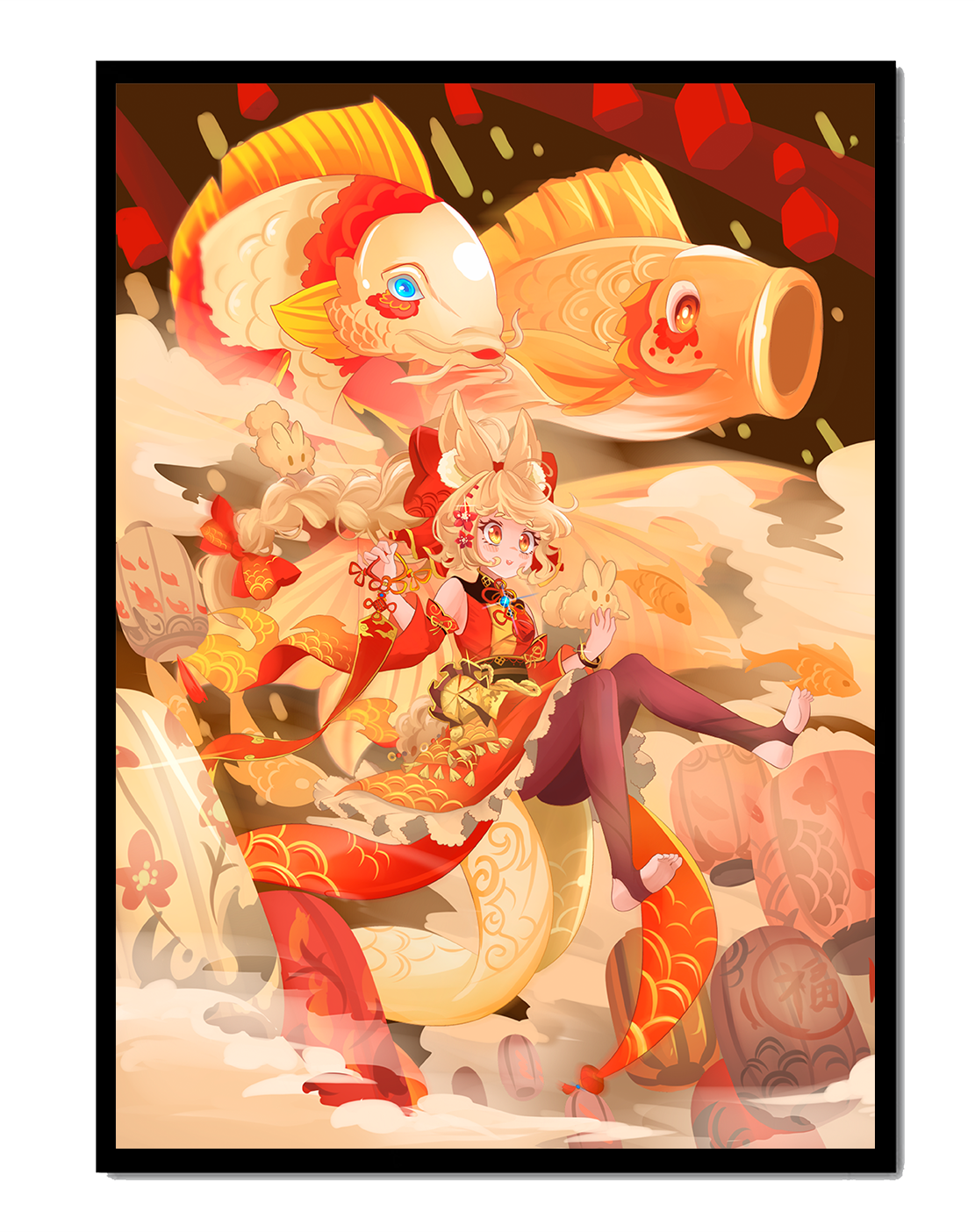 Vibrant anime character with mythical koi fishes and lanterns in dynamic scene