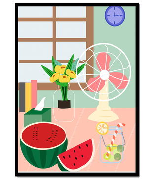 Nature morte sur le thème de l'été avec pastèque, éventail et fleurs dans un intérieur lumineux