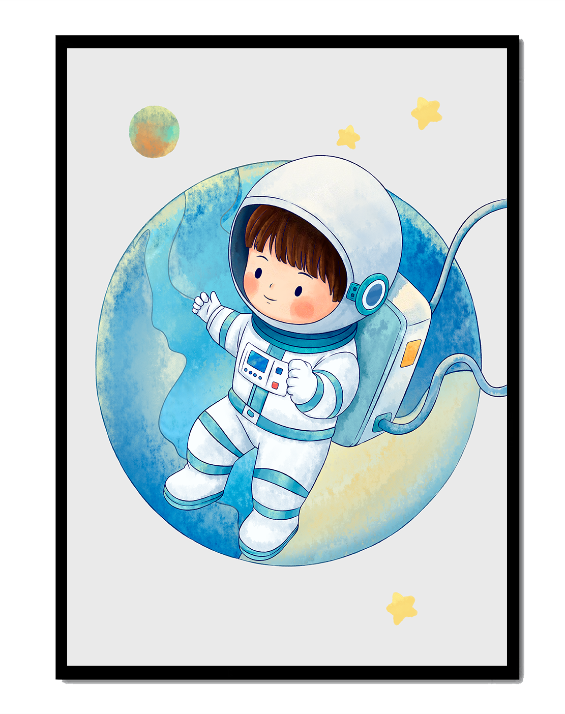 Children's illustration of an astronaut in space with stars and planet
