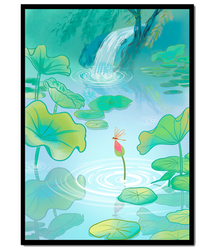 Serene pond scene with lotus leaves and waterfall