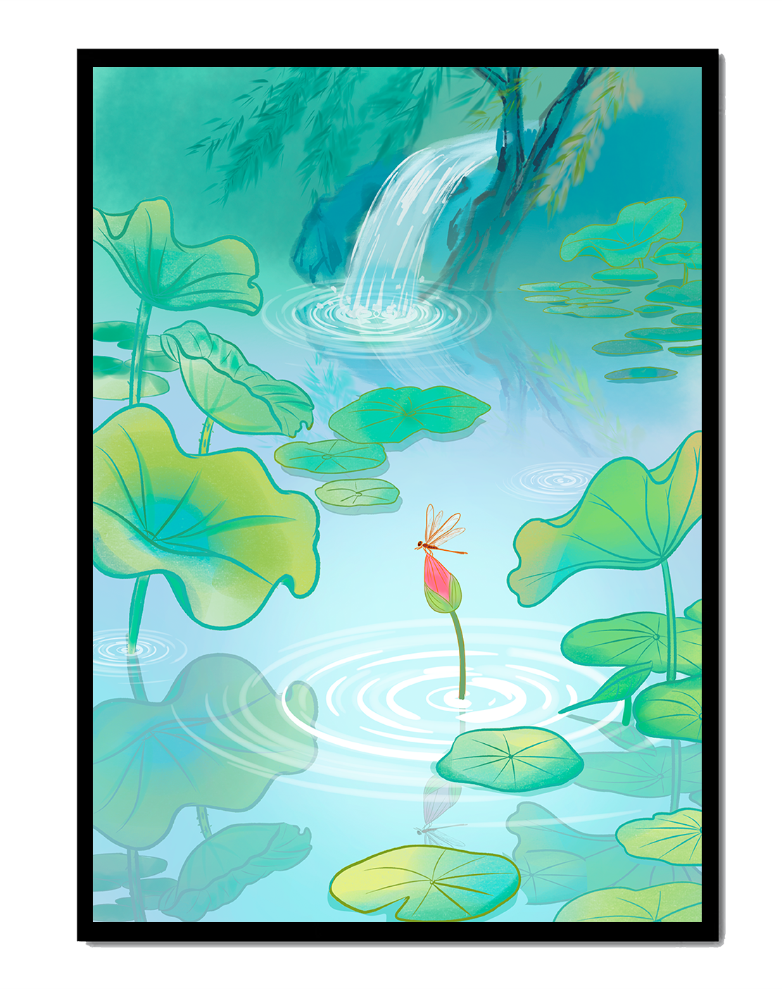 Serene pond scene with lotus leaves and waterfall