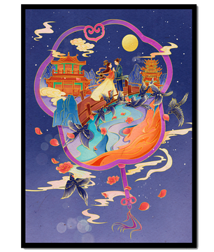 Escena nocturna oriental romántica con pareja y pagodas bajo la luz de la luna