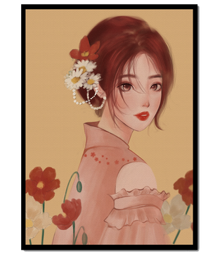 Portrait élégant d'une femme avec des ornements floraux et une expression douce