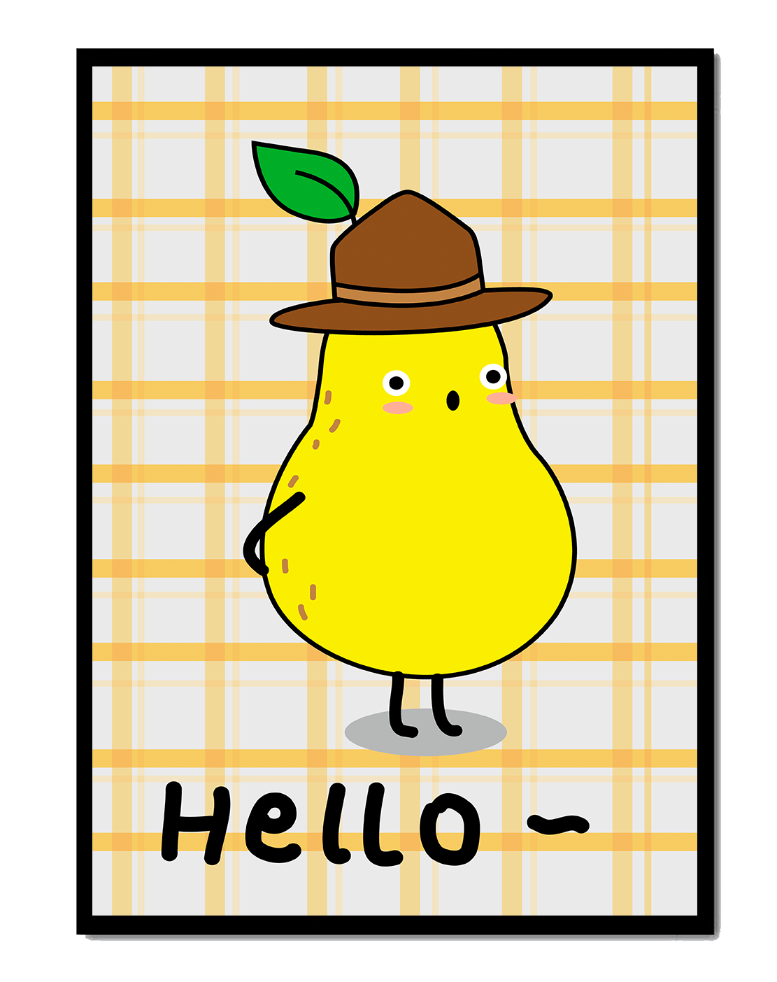 Cartoon pear character with hat on plaid background