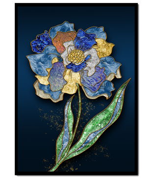 Diseño floral texturizado y colorido con contornos dorados sobre fondo oscuro
