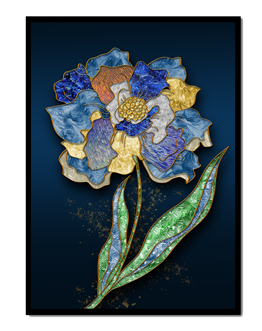 Diseño floral texturizado y colorido con contornos dorados sobre fondo oscuro