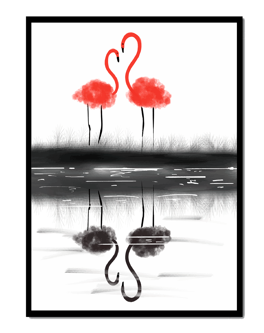 Flamencos elegantes reflejándose en el agua con un contraste artístico