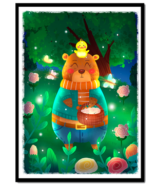 Charming bear in a colorful garden with flowers and fireflies