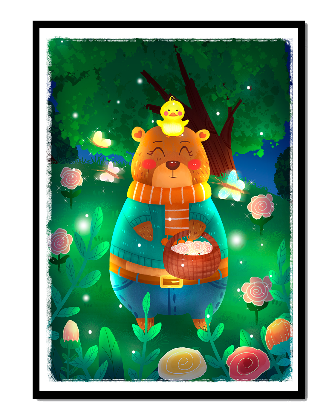 Charming bear in a colorful garden with flowers and fireflies