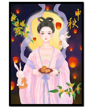 Mid-Autumn Festival Illustration with Moon Goddess and Rabbits