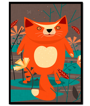 Illustration Of A Cute Orange Cat Surrounded By Stylized Trees And Plants