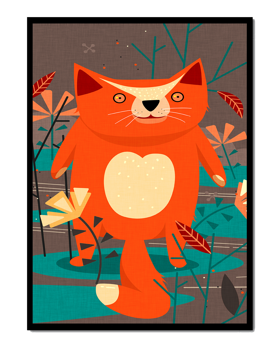 Illustration Of A Cute Orange Cat Surrounded By Stylized Trees And Plants