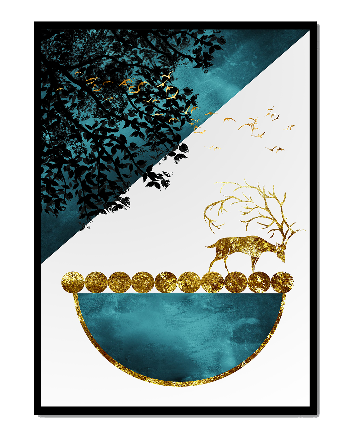 Abstract Deer with Golden Elements in a Mystical Forest Setting