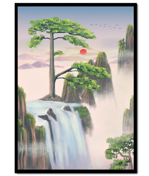 Serene landscape with flowing waterfall and sunrise
