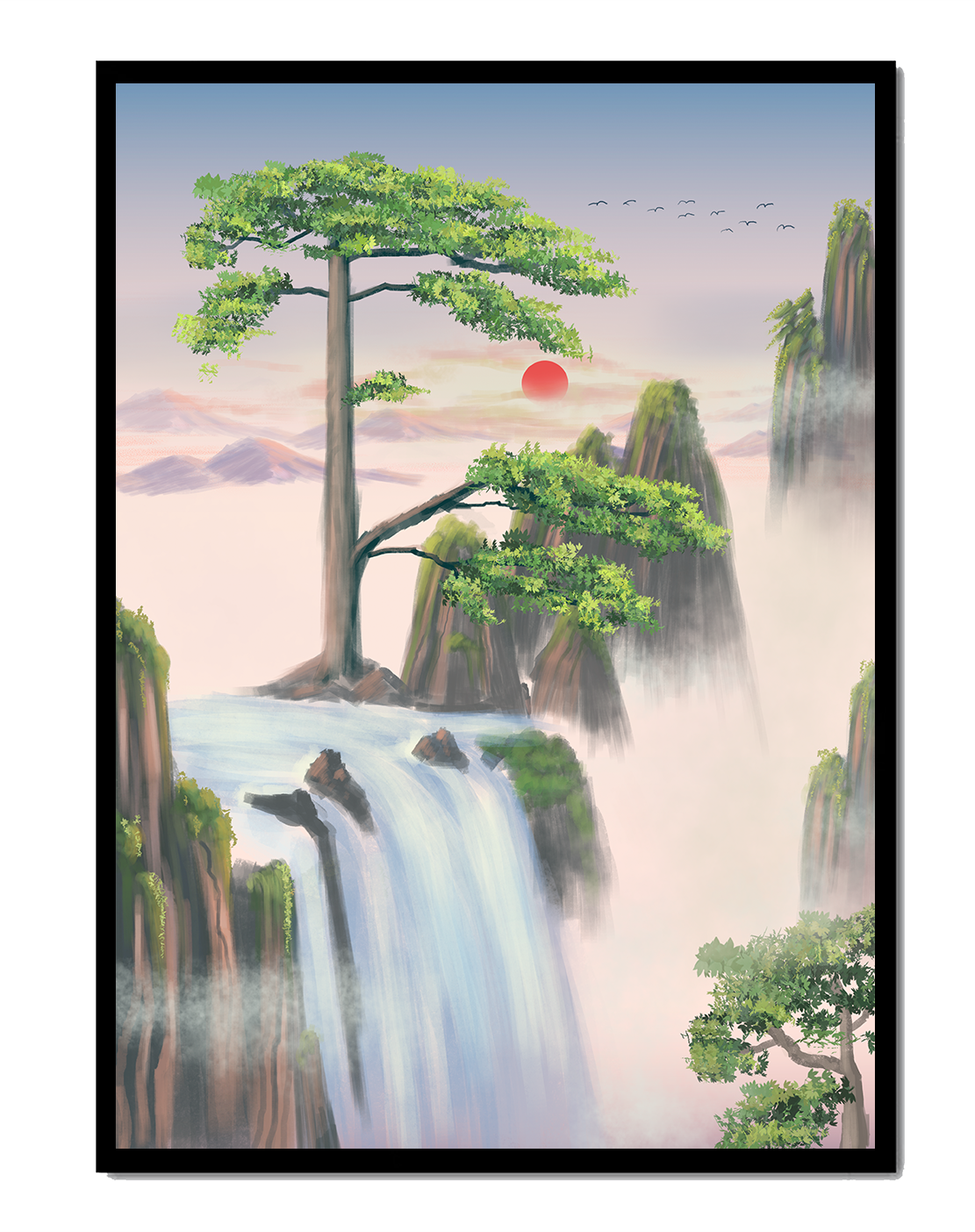 Serene landscape with flowing waterfall and sunrise
