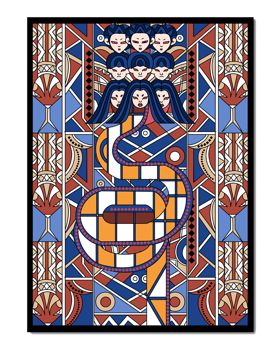 Patrón geométrico Art Decó con rostros y diseño simétrico